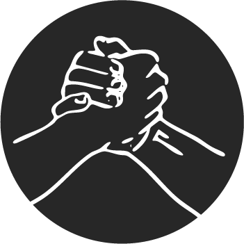 A vector art image of two hands dapping together. White illustration on black circle background.