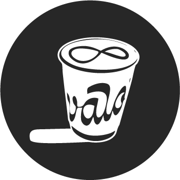 A vector art image of a to-go Valor coffee cup with latte art of an infinity symbol. White illustration on black circle background.