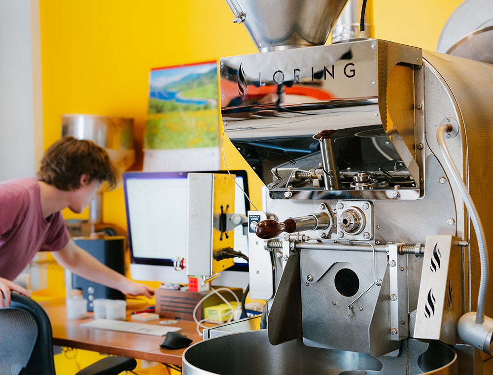 Valor's coffee roaster, a Loring S15 Falcon, roasting coffee